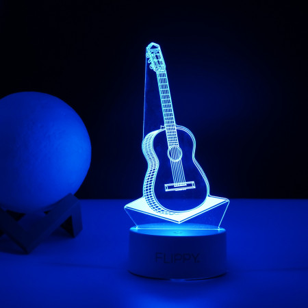 Lampa LED decorativa,  3D, Chitara, din material acril si lumina multicolora, alb