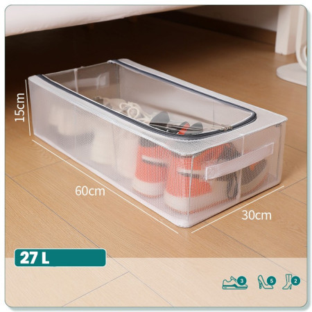 Cutie de Depozitare,  pentru Pantofi Haine, din Plasa PVC Impermeabila si Cadru de Otel, Pliabila, Fermoar Bidirectional, 60 x 30 x 15 cm, Transparenta