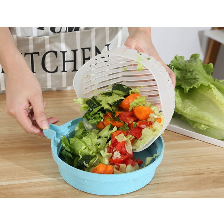 Bol Feliator pentru Salata, Cyrax, Castron Multifunctional pentru Legume si Fructe, pentru Spalat si Taiat Legumele, cu Scurgere si Tocator, Ergonomic, Protectie pentru Maini, 21x18.5x11.5 cm, Albastru