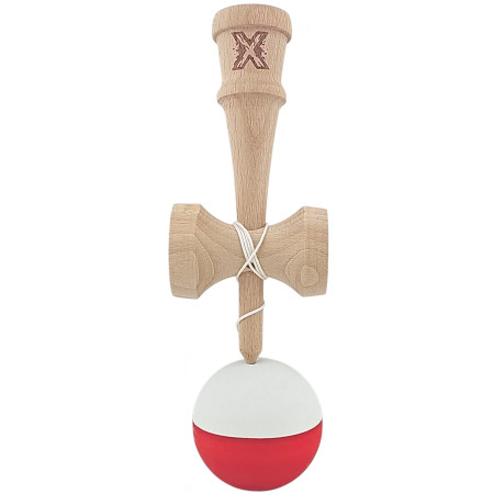 Kendama X Originala, Profesionala, Cyrax, din Lemn, Rubber Grip, 18 cm, Alb/Rosu