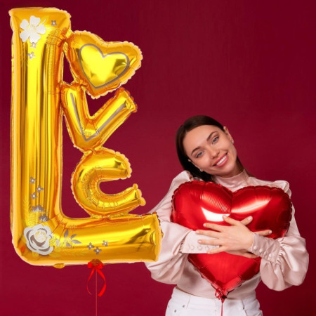 Balon din Folie Metalizata, Cyrax, Figurine, Model LOVE, Tematica Iubire, 110x64 cm, Ambalaj Individual, Pai Inclus, Umflare cu Aer sau Heliu, Galben