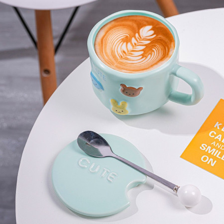 Cana ceramica, Cyrax, din Portelan, print Figurine Animalute, Cana penru Copii, Model CUTE, Cana cu Lingura si Capac, Ceasca pentru Cafea, Ceai, 400ml Albastru