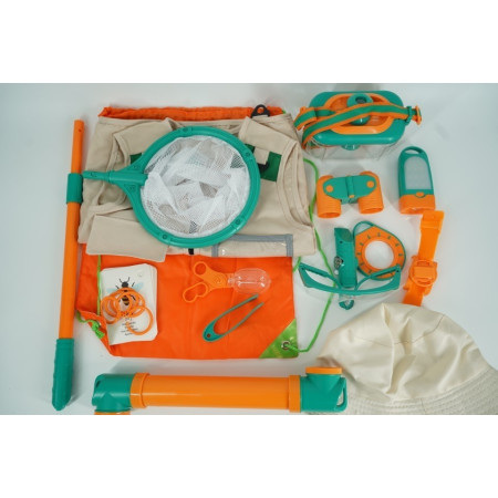 Cyrax Set camping micutul explorator pentru exterior, 3 accesorii vestimentare, 9 ustensile de joaca, 8 carti educative cu insecte, +3 ani, multicolor