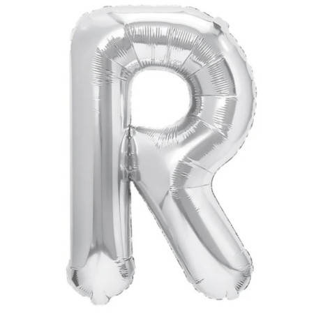 Balon Folie Metalizata Litera R, Cyrax, 40 cm, Umflati cu Heliu sau Aer, Ambalaj Individual, Pai inclus, Argintiu