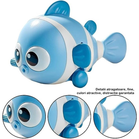 Jucarie mecanica pentru copii Cyrax, pestisor haios, cu cheita, distractiv, se taraste, se misca, 11 x 9 x 7.5 cm cm, albastru