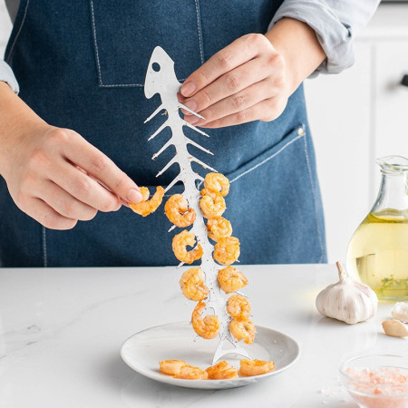 Forma pentru Frigarui, Cyrax, Model Oase de Peste, din Otel Inoxidabil, Instrument pentru Gratar, BBQ, cu Deschizator de Sticle, 30x6 cm, Argintie