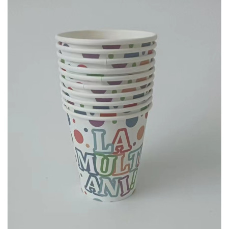 Set 10 Pahare, Cyrax, Imprimeu La Multi Ani, din Carton, 250 ml, 7 x 8.5 x 5 cm, Multicolor