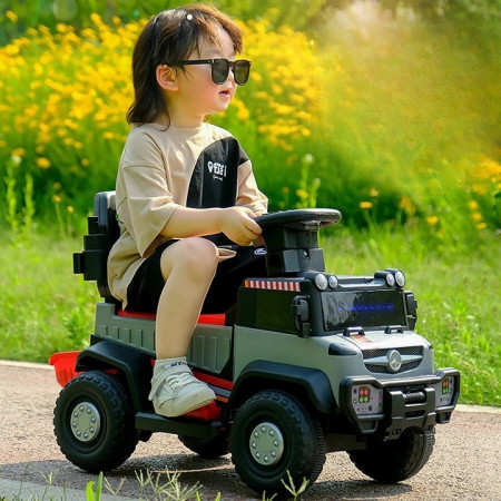 Masinuta Electrica, Cyrax, pe 4 Roti, cu Telecomanda si Maner Detasabil, Cos de Depozitare, Lumini Led si Muzica, +1 an, Greutate Portanta 40 kg, Gri