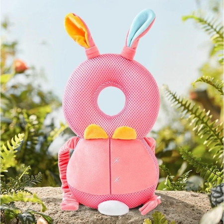 Perna tip Rucsac pentru Protectia Capului,  Tetiera tip Iepure, pentru Bebelusi, Design tip Plasa, 33x6x19 cm, 180 g, Roz