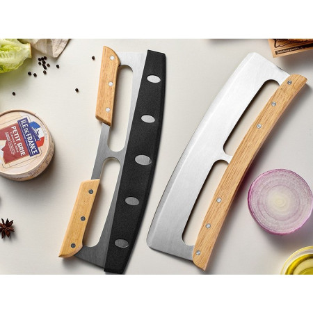 Taietor Feliator de Pizza, Cyrax, din Otel Inoxidabil, cu Capac, Maner din Doua Bucatie, din Lemn, Antialunecare, Lama Neteda si Ascutita, 34x10 cm, Maro