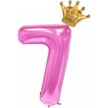 Balon din Folie Metalizata Cyrax, Figurina Cifra si Coroana, Tema Aniversare 100 cm, Ambalaj Individual, Pai inclus, Umflare cu Aer sau Heliu, Roz, Cifra 7