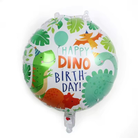 Balon din Folie Metalizata, Cyrax, Mini Figurina Rotunda, Model Happy Birthday cu Dinozauri, Tema Aniversare, 45 cm, Ambalaj Individual, Pai inclus, Umflare cu Aer sau Heliu, Multicolor