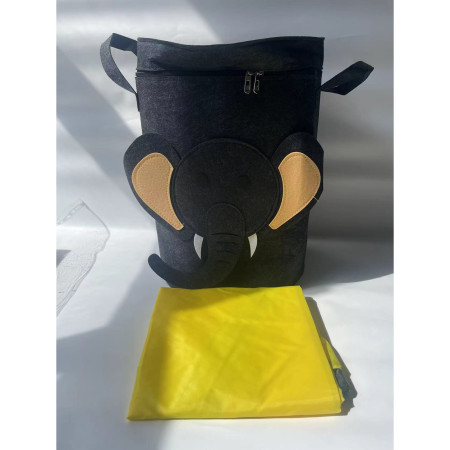 Cutie de Depozitare 2In1,  Impermeabila, Covor pentru Jucarii si Lego 150cm, Capacitate Mare, cu Manere, cu Sfori, Inaltime 40cm, Model Elefan, Gri