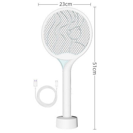 Paleta Electrica pentru Tantari, Muste si Tantari 2in1,  Reincarcabila, Incarcare USB, 2600V, Plastic, Casa si Gradina, Anti-insecte, Stand, 23x51 cm, Alb