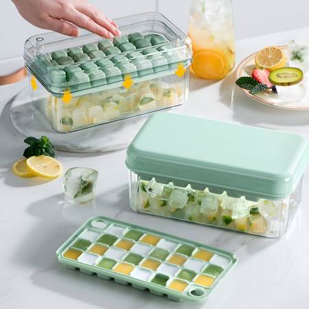 Set Cutie pentru Gheata, Cyrax, Uz Casnic, Doua Tavite pentru Cuburi, Capac Etans, Lopata, 23.5x13.3x10 cm, Verde