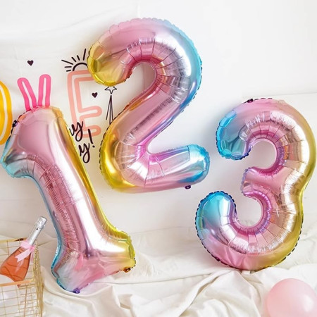 Balon din Folie Metalizata Gradient Cyrax, Figurina Cifra, Tema Aniversare 100 cm, Ambalaj Individual, Pai inclus, Umflare cu Aer sau Heliu, Multicolor, Cifra 2