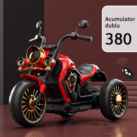 Tricicleta Electrica pentru Copii, Cyrax, cu 2 Acumulatoare 380*2, 6V 4.5, Telecomanda, Bluetooth, Sistem Anti-Rasturnare, Sistem de Lumini si Sunet, 6-8 Ani, 93 x 48 x 63 cm, Rosu Negru