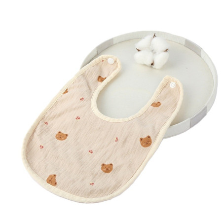 Baveta in Forma de U, Cyrax, din Bumbac, pentru Copii 0-12 Luni, Rezistenta la Apa, cu Capse, Model cu Ursuleti,  21x30 cm, Bej