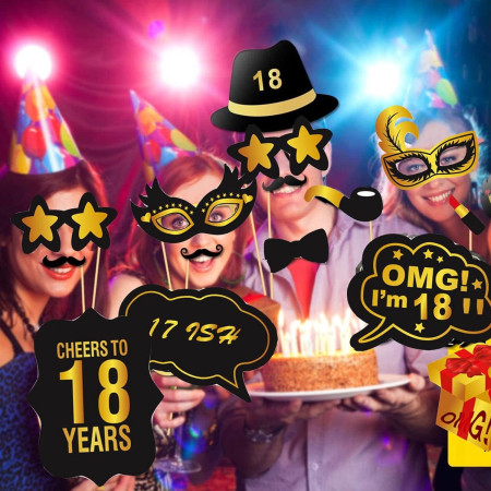 Set Accesorii pentru Petrecere, Cyrax, Props pentru Coltul de Poze, pentru Majorat, Aniversare 18 Ani, Ochelari, Palarii, Mustata, Cravata, pentru Evenimente, Multicolor