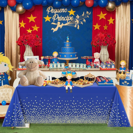 Fata de Masa, Cyrax, din PEVA, Imprimeu Buline Aurii, 137 x 274 cm, Impermeabila, Fara Pete, Curatare Rapida, Albastru Inchis