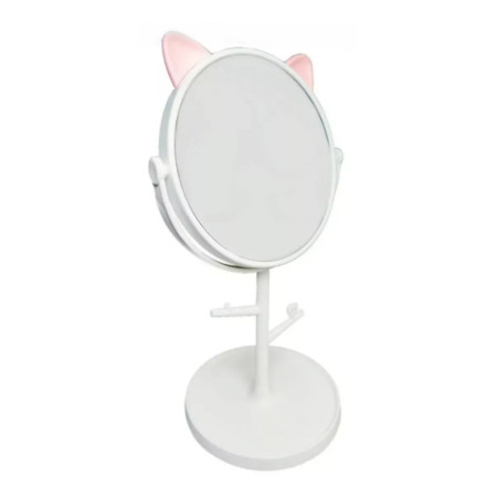 Oglina Cosmetica cu Picior, Cyrax, HD, Rotire 360 Grade, 15 cm Diametru, Suport Bijuterii Baza Rotunda + 2 Brate, Model cu Urechi, 31 x 14.5 x 15 cm, din Plastic, Alb