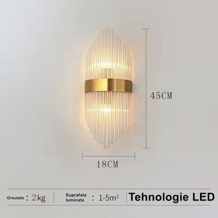 Aplica de Perete,  pentru Interior, din Otel Inoxidabil si Sticla, LED, Auriu, 45x18 cm