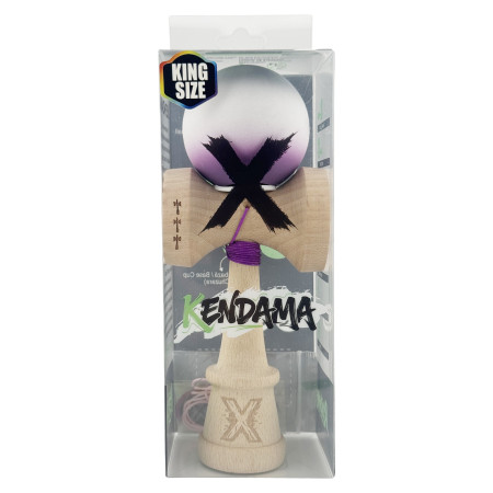 Kendama X Originala, Profesionala, Cyrax, Rubber Grip, Cupe Mari KING SIZE V3, Gaura in Baza, Rulment Metalic, din lemn 18 cm, Ata 62/65 cm, Gradient Gri/Alb/Mov