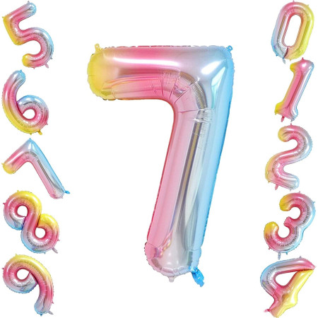 Balon din Folie Metalizata Cyrax, Figurina Cifra, Tema Aniversare 40 cm, Ambalaj Individual, Pai inclus, Umflare cu Aer sau Heliu, Multicolor, Cifra 7