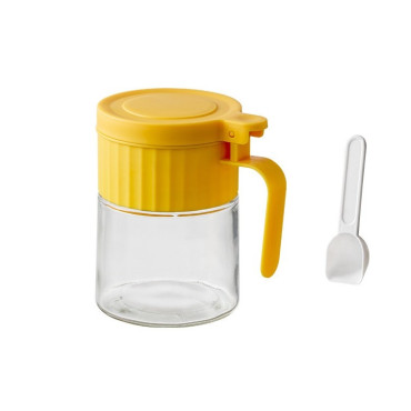 Recipient Condimente, Cyrax, din Stilca, 180 ml, cu Maner si Lingurita, 10.6 x 7 x 7 cm, Capac Mat, Galben