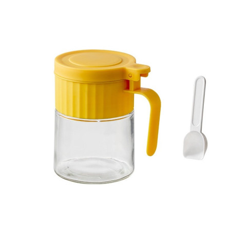 Recipient Condimente, Cyrax, din Stilca, 180 ml, cu Maner si Lingurita, 10.6 x 7 x 7 cm, Capac Mat, Galben