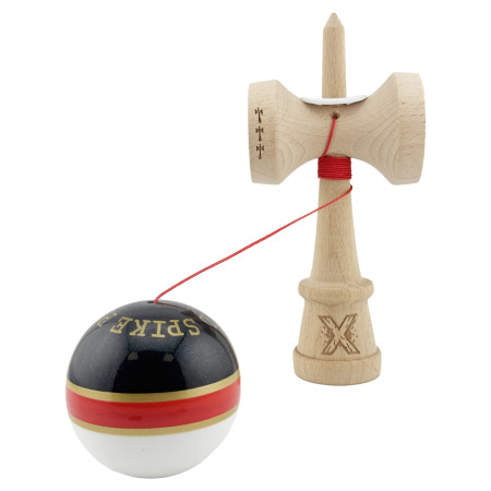 Kendama X Originala ROYAL SPIKE, Profesionala, Cyrax, Cupe Mari KING SIZE V3, Super Sticky, Gaura in Baza, Rulment Metalic, din lemn 18 cm, Ata 55 cm, Inel Rosu