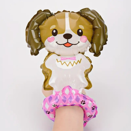 Balon din Folie Metalizata, Cyrax, Figurine Animalute, Tip Bratara, Model Catel, 13 x 35 cm, Ambalaj Individual, Pai Inclus, Umflare cu Aer sau Heliu, Maro