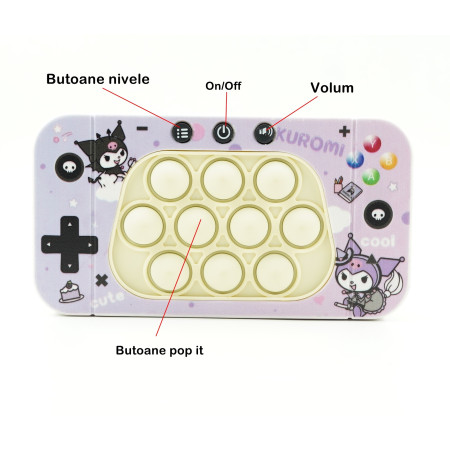 Jucarie interactiva tip consola pentru copii Cyrax, speed push whack-a-mole, joc de viteza pop it, material ABS/silicon, cu nivele, sunete si lumini, 15.5 x 7.6 x 5.3 cm, model elfi, mov