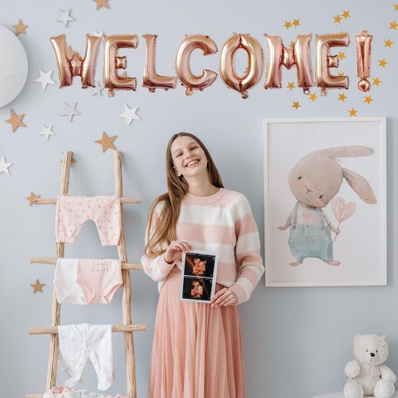 Set Baloane din Folie Metalizata, Cyrax, Model WELCOME!, Litere de 40 cm, Baloane Party, Ambalaj Individual, Pai Inclus, Umflare cu Aer sau Heliu, Roz