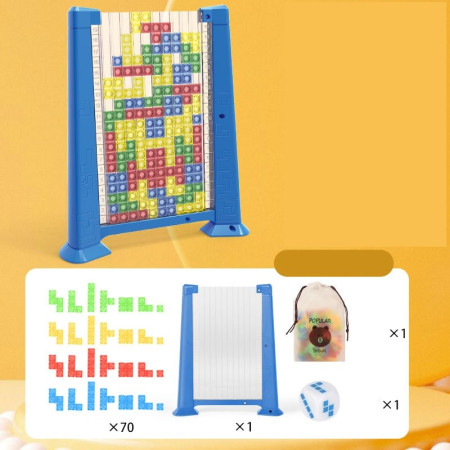 Joc de inteligenta Tetris puzzle tangram Cyrax, 70 de piese multicolore, 3D, montessori, interactiv, din plastic, zar inclus, sac depozitare piese, varsta peste 6 ani, 23 x 19.8 x 5 cm, cadru albastru