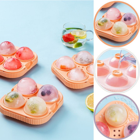 Set 2 forme sfere de gheata pentru wiskey si cocktail-uri Cyrax, 4 sfere, material plastic/silicon alimentar, diametru 6.5 cm, cu orificiu tip palnie pentru umplere, 17 x 17 x 7 cm, multicolor