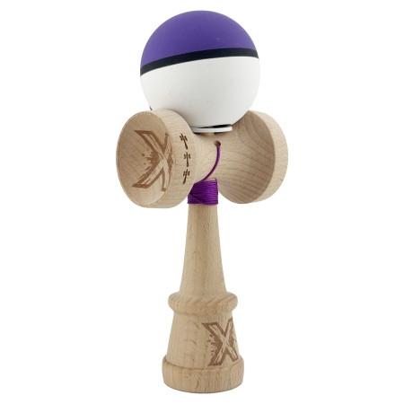Kendama X Originala, Profesionala, Cyrax, Cupe Mari KING SIZE V3, Rubber Grip, Gaura in Baza, Rulment Metalic, din lemn 18 cm, Ata 62/65 cm, S Bicolor Mov/Alb