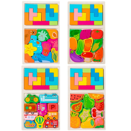 Puzzle Montessori din Lemn pentru Copii, Cyrax, Tip Tetris 2in1 +3 Ani, cu Animale Marine Colorate 3D, Educativ, Intuitiv, Creativ, 21 de Piese, 28.5x17x1.2 cm, Multicolor