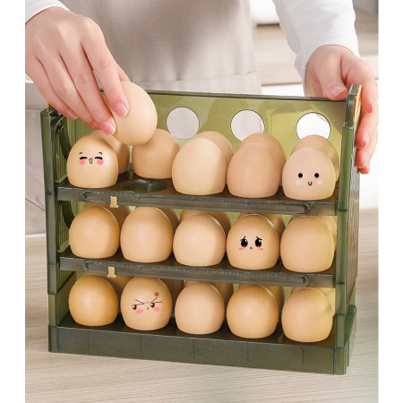 Suport Organizator pentru Oua, Cyrax, pentru Frigider, Verde transparent, Capacitate 30 oua, Trei straturi, cu Data de Expirare, 25.5x10x23 cm
