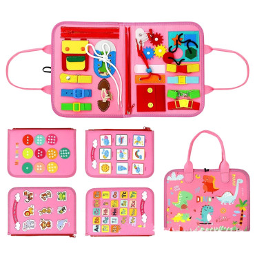 Carte Senzoriala Educativa Montessori 7in1, Cyrax, 26 de Activitati, Dezvoltare Abilitati Motorii, 4 Pagini, Model Dinozauri, 28x22x7 cm, Roz