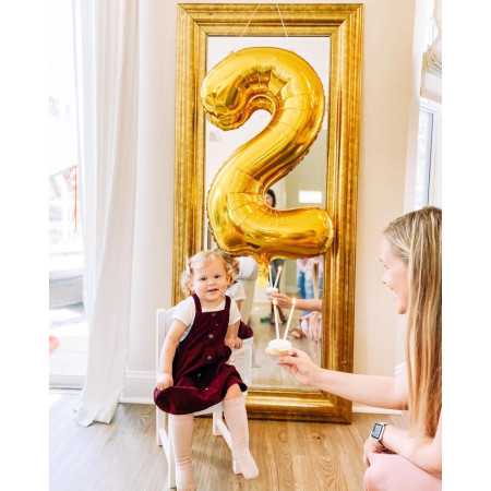 Balon din Folie Metalizata Cyrax, Figurina Cifra, Tema Aniversare 100 cm, Ambalaj Individual, Pai inclus, Umflare cu Aer sau Heliu, Auriu, Cifra 2