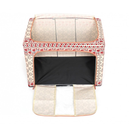 Cutie de Depozitare Pliabila,  66 L din Bumbac si In, 52 x 42 x 39 cm, Fereastra Frontala, 2 Usi de Acces cu Fermoar Bidirectional, Cadru Metalic, Suport Baza Stabil din Plastic, Motiv Traditional Model 6
