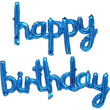 Set Baloane din Folie Metalizata, Cyrax, Model Happy Birthday, 45x85 cm, 45x124cm, Baloane Party, Ambalaj Individual, Pai Inclus, Umflare cu Aer sau Heliu, Albastru