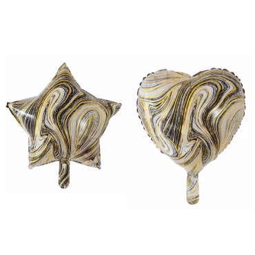 Set 2 Baloane din Folie Metalizata, Cyrax, Figurine Inima si Stea, Model Marmura, 45 cm, Ambalaj Individual, Pai Inclus, Umflare cu Aer sau Heliu, Bej