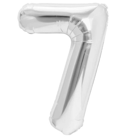 Balon din Folie Metalizata Cyrax, Figurina Cifra, Tema Aniversare 40 cm, Ambalaj Individual, Pai inclus, Umflare cu Aer sau Heliu, Argintiu, Cifra 7