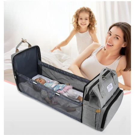 Rucsac Multifunctional pentru Mamici, Cyrax, cu Patut Pliabil si Baza de Schimbat, Rezistent la Apa, Capacitate Mare, Usor, Compartimente Multiple, Buzunar Termic pentru Lapte, 42 x 32 x 22 cm, Gri