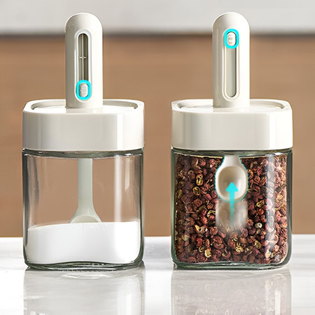 Recipient pentru Depozitarea Condimentelor, Cyrax, Borcan din Sticla, Capac si Lingura Incorporate, Uz Casnic, 300 ml, 7.1x7.1x14.8 cm, Gri