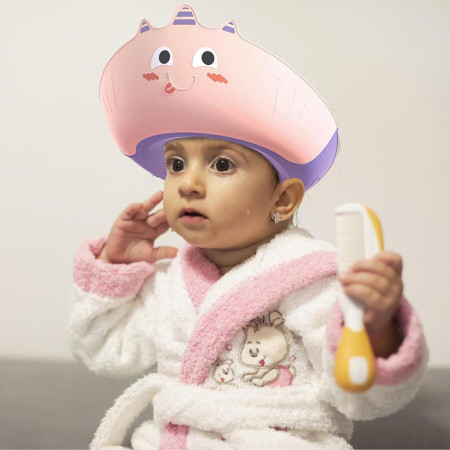 Casca de Dus, Cyrax, Previne Scurgerea Apei si Samponului pe Fata, 0-12 Ani, Ajustabila, din TPE+PP, 20 x 23 cm, Model Unicorn, Roz/Mov