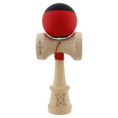 Kendama X Originala, Profesionala, Cyrax, Cupe Mari KING SIZE V3, Rubber Grip, Gaura in Baza, Rulment Metalic, din lemn 18 cm, Ata 62/65 cm, Bicolor Negru/Rosu