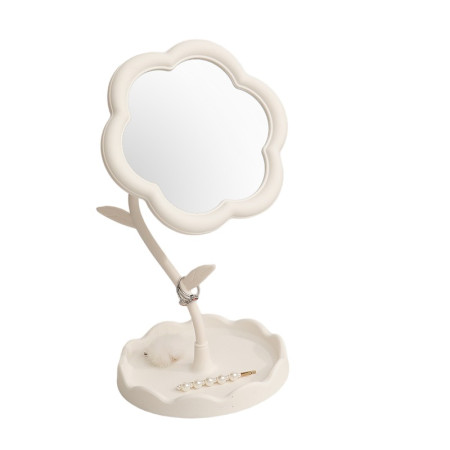 Oglindă de Machiaj pentru Birou, Cyrax, Rotativă, Detasabilă, Model de Floarea Soarelui, Suport pentru Inele, cu Depozitare, Alba